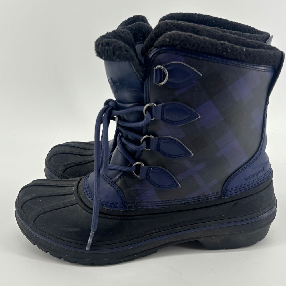 Crocs AllCast Waterproof Duck Boots Blue Black Plaid Faux Fur Lined Womens 8